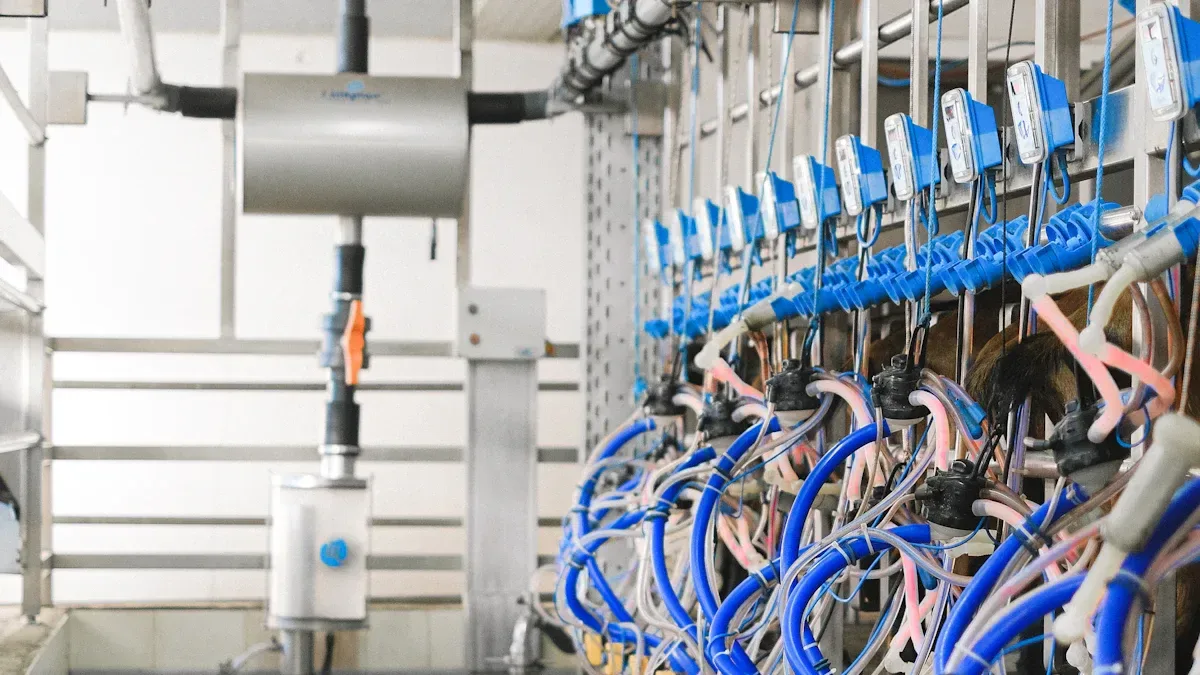 Automated industrial system showcasing complex tubing and machinery, representing the backend infrastructure possibilities of call center automation technology.