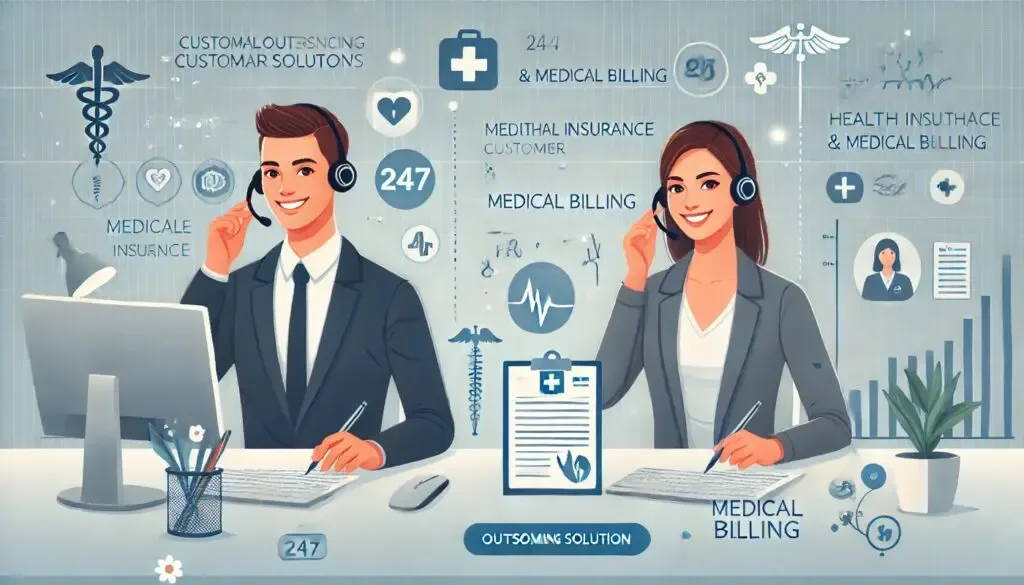 This vector demonstrates the factors that make up outsourcing solutions — building customer acquisition and customer retention; you’ll find 2 customer service representatives smiling for the camera as they take calls from medical patients calling in about their health insurance and how to make payments for their recent medical procedures.