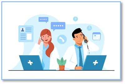 This vector image shows two outsourced medical billing customer service reps providing remote medical collections support for a prominent medical billing company.
