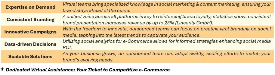 Dedicated Virtual Assistance: Your Ticket to Competitive e-Commerce - (1) Expertise on Demand: Virtual teams bring specialized knowledge in social marketing & content marketing, ensuring your brand stays ahead of the curve, (2) Consistent Branding: A unified voice across all platforms is key to reinforcing brand loyalty; statistics show: consistent brand presentation increases revenue by up to 23% (Linearity GmbH), (3) Innovative Campaigns: With the freedom to innovate, outsourced teams can focus on creating viral branding on social media, tapping into the latest trends to captivate your audience, (4) Data-driven Decisions: Utilizing social analytics for e-Commerce allows for informed strategies enhancing social media ROI, and (5) Scalable Solutions: As your business grows, an outsourced team can adapt swiftly, scaling efforts to match your brand’s evolving needs.