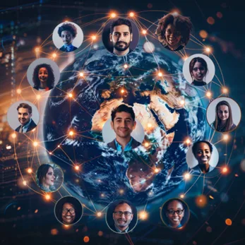 A digital globe is demonstrated in the background, while a network of diverse Callnovo Contact Center's customer service representatives are shown interconnected throughout the globe; this symbolizes Callnovo’s global outreach and expertise in social media management to build top social media ROI that builds greater e-commerce brand recognition, greater e-commerce brand value, and substantially increases e-commerce sales.