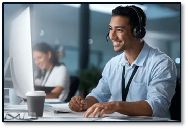 This vector image shows a contracted, remote eCommerce customer service outsourcing rep providing eCommerce social management services for a prominent eCommerce provider.