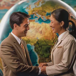 A smiling U.S. male traveler shakes hands with one of Callnovo Contact Center's smiling Bolivian female customer service representatives that have ensured that his business trips over the past year are smooth, positive, and pleasant; the show of gratitude from the traveler demonstrates how Callnovo - one of the most renowned hospitality calls centers' - outsourced travel agency support builds strong travel industry customer engagement that leads to high growth and success for tourism agencies and travel agencies.