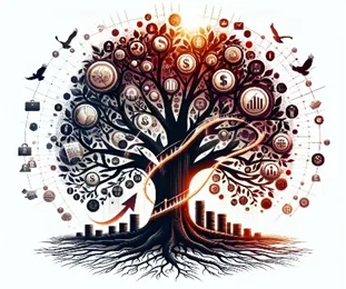 A blooming data tree demonstrates how AI customer service tailored to global customers, regardless of market location, enhances global customer engagement, leading to an unmatched, long-term brand legacy.