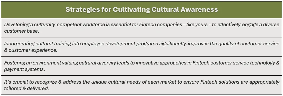 Strategies for Cultivating Cultural Awareness: (1) developing a culturally-competent workforce is essential for Fintech companies – like yours – to effectively-engage a diverse customer base, (2) incorporating cultural training into employee development programs significantly-improves the quality of customer service & customer experience, (3) fostering an environment valuing cultural diversity leads to innovative approaches in Fintech customer service technology & payment systems, and (4) it’s crucial to recognize & address the unique cultural needs of each market to ensure Fintech solutions are appropriately tailored & delivered.