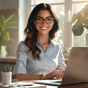 A smiling female social media manager from Callnovo Contact Center's e-Commerce customer service department provides social media e-commerce engagement solutions for a fashion eCommerce brand to augment the brand's customer trust, leading to strong brand loyalty; there is a desk with a laptop, and the social media manager interacts with e-commerce customers on Facebook.
