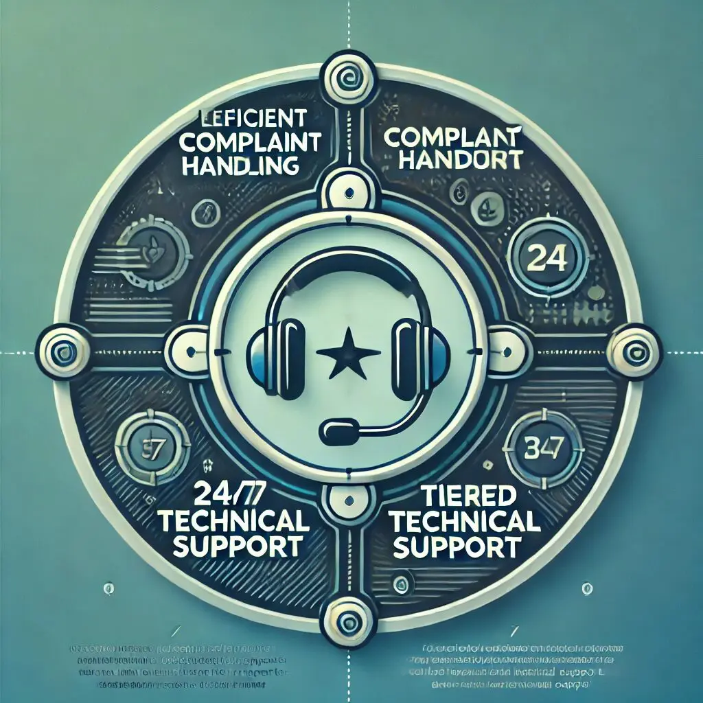 Circular diagram with a central headset icon labeled “24/7 Technical Support,” “Tiered Technical Support,” and “Efficient Complaint Handling,” illustrating a call customer service model.