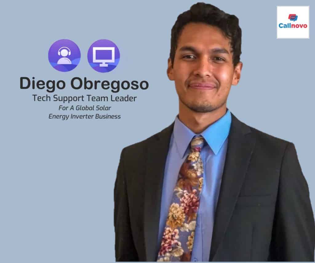 A picture of the smiling Diego Orbegoso - Callnovo Contact Center's Bolivian tier 1 tech support team leader of a solar energy inverter business.