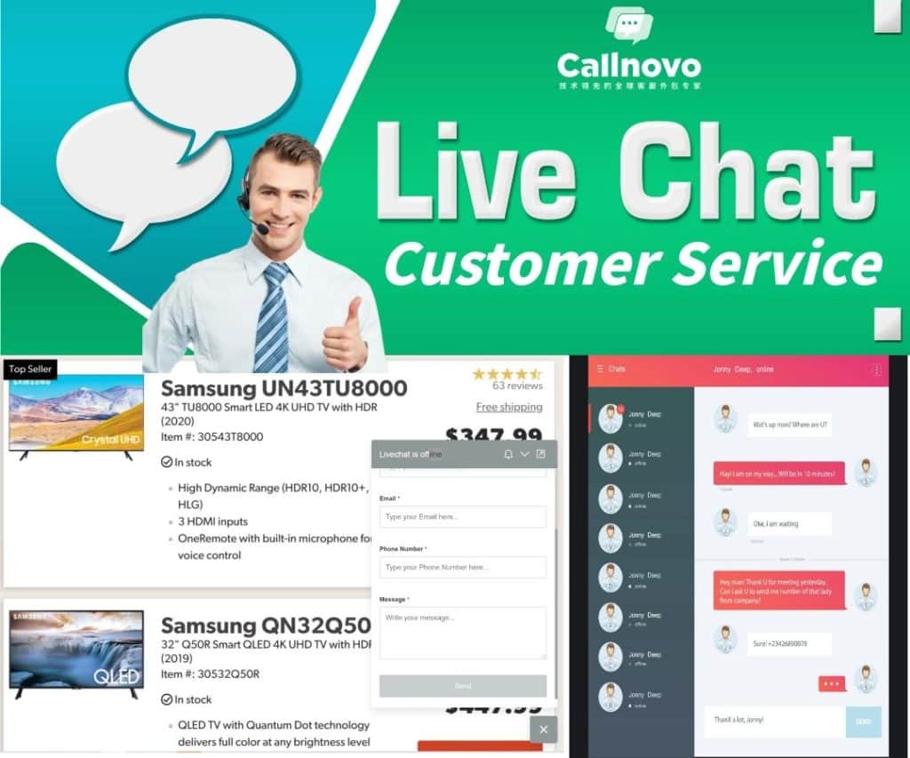 A demonstration of Callnovo Contact Center's Customer Relationship Management (CRM) platform with live web chat with integrated Conversational AI (artificial intelligence) capabilities; a smiling customer service representative is giving a thumbs up while showing eCommerce products from Samsung.