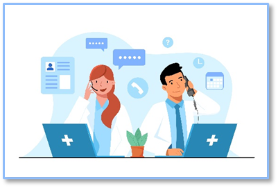 This vector image shows two outsourced medical billing customer service reps providing remote medical collections support for a prominent medical billing company.