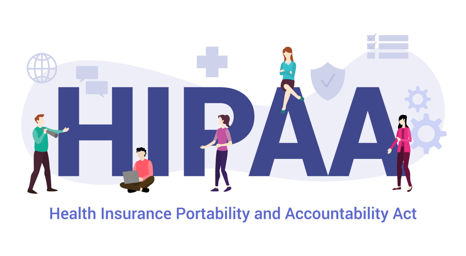 The word "HIPAA" is shown with the caption, "Health Insurance Portability and Accountability Act;" the reference is to how HIPAA rules & regulations under key HIPAA call center requirements protect healthcare data from unauthorized personnel access, ensuring that the risk of an unlawful data breach is kept low.