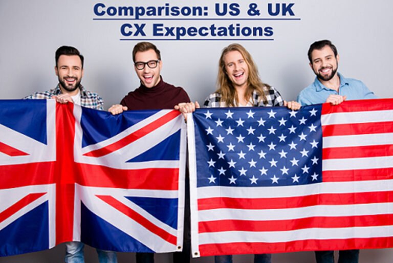 This photo shows two UK citizens and two US citizens holding their respective countries' flags while smiling; the context of the photo demonstrates comparison US UK customer satisfaction expectations.