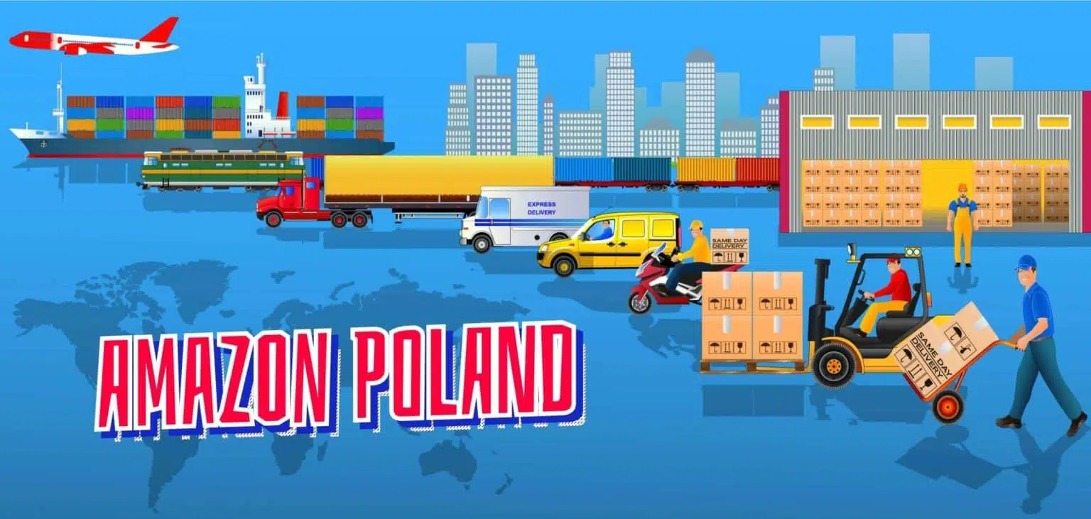 A vector image builds the excitement of the opening of Amazon Poland, demonstrating such eCommerce aspects as logistics and direct commercial sales.
