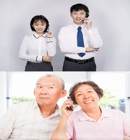 Two young Asian customer service representatives provide native language customer service solutions, speaking with the Asian elderly in order to provide for them timely customer service that meets their healthcare needs.