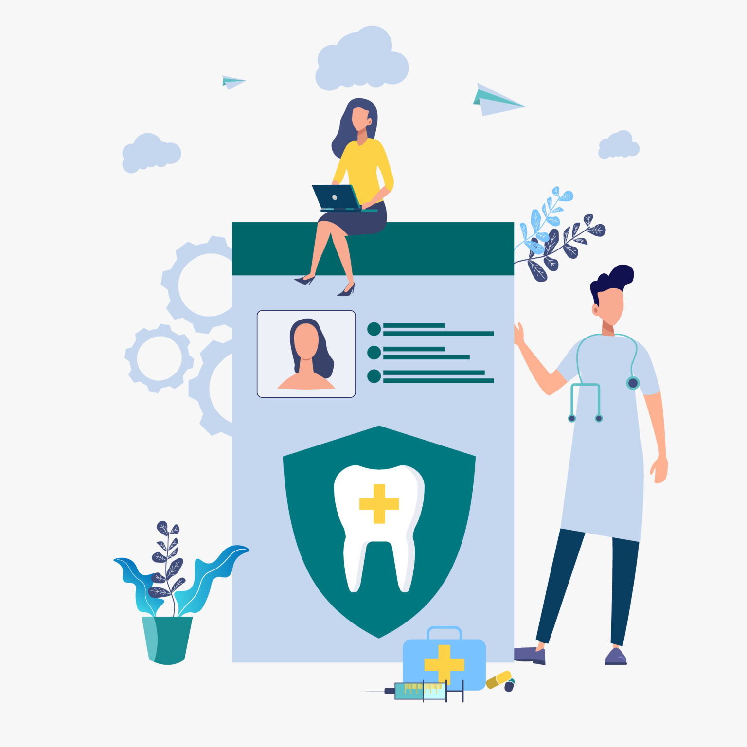 Digital dental office patient health data is being shown with a security shield in the middle of the patient profile, demonstrating how dental office HIPAA compliance protects dental patient data from being breached, offering patients ease of mind and heart.
