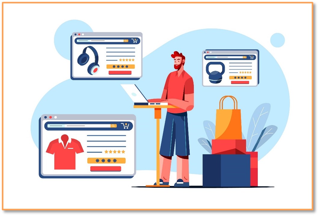 This vector image shows an eCommerce shopper utilizing eCommerce customer service solutions to help him decide which eCommerce products he should purchase out of various.