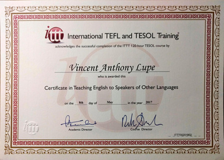 This is an example of a Teaching English to Speakers of Other Languages (TESOL) certificate that was received by one of our customer service representatives (CSRs) from the International TEFL and TESOL Training Institute in the United States of America.