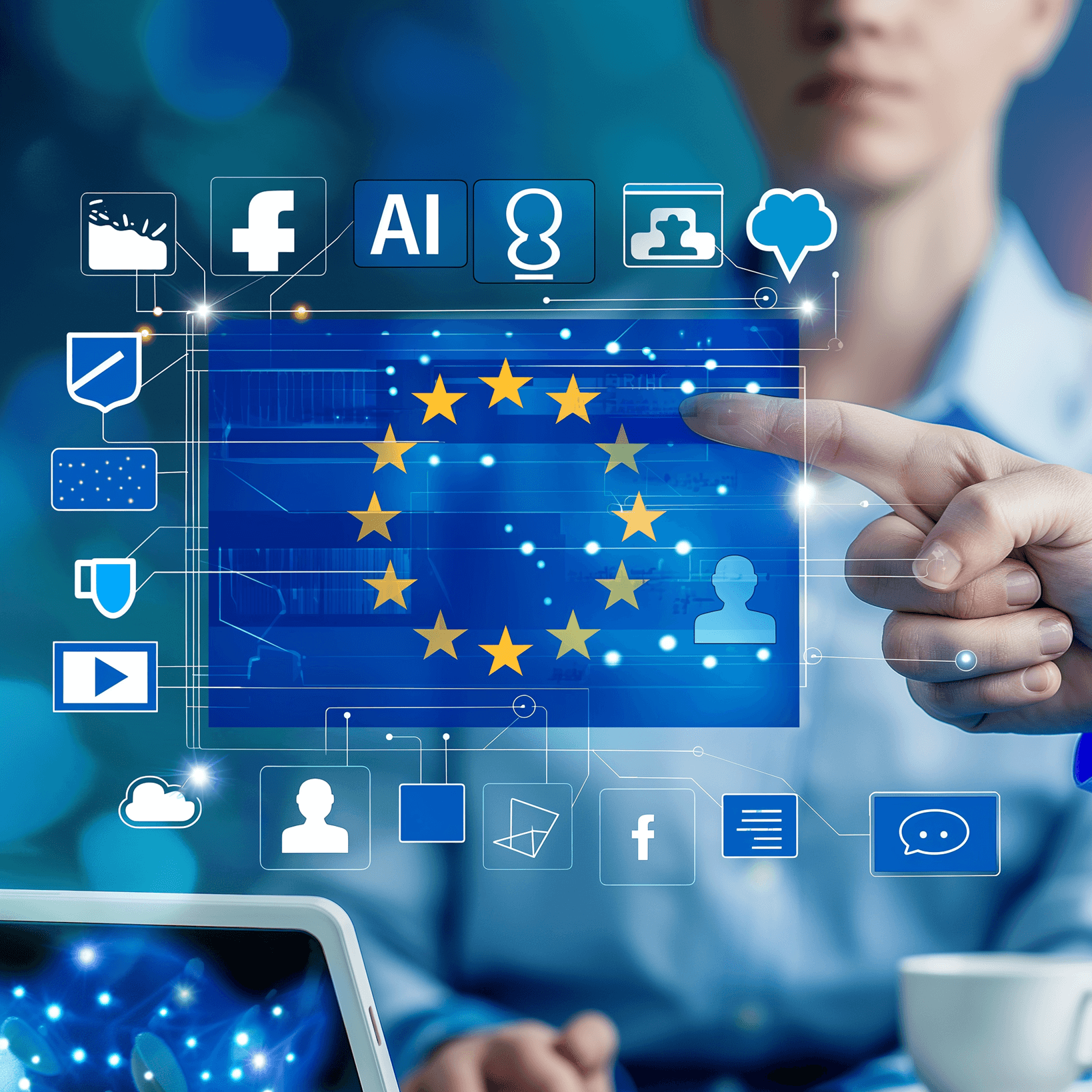 A photorealistic illustration of the European Union flag surrounded by artificial intelligence and digital marketing icons, such as social media logos or AI symbols. In front is a photorealistic female hand pointing on a laptop screen within a multilingual call center with a candid shot of a photorealistic woman's face in a blue shirt, with the text "AI", and a coffee cup. In realistic style, on a blue background