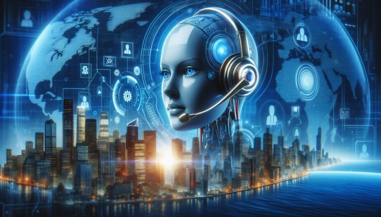 A futuristic chatbot in the style of a robot, specifically-tailored for AI customer service utilized by an innovative multilingual call center; the chatbot is stationed over a cityscape, signifying that call center AI is already enhancing global customer engagement.