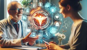 The image depicts a professional healthcare setting, where a doctor utilizes AI customer service to explain to a patient the current process in their medical billing case, surrounded by digital icons symbolizing the financial aspects of healthcare.