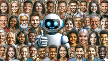 A futuristic chatbot in the style of a robot sits in the middle of a collage of diverse, happy people; the collage demonstrates how call center AI is shaping the quality of global customer service and customer engagement, improving global business success.