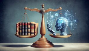 This image demonstrates a traditional scale with law books on the left hand side and a representation of legal AI solutions on the right hand side to signify how a balance of traditional legal processes and AI-enhanced legal processes support the enhancement of legal customer service.