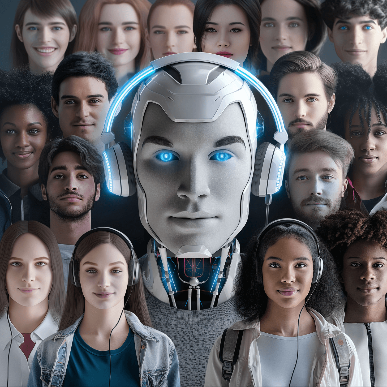 A futuristic chatbot in the style of a robot sits in the middle of a collage of diverse, happy people; the collage demonstrates how call center AI is shaping the quality of global customer service and customer engagement, improving global business success.