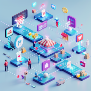 A visually-engaging 3D illustration of an e-commerce customer’s journey from discovery to loyalty with CRM touchpoints highlighted along the way, showcasing the personalized approach that e-Commerce CRM solutions enable to enhance customer retention and customer loyalty.