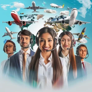 A photorealistic illustration of diverse customer service representatives from varying real-world nationalities wearing headsets, surrounded by travel-related icons such as airplanes, luggage, passports, and weather symbols, to visually-convey the comprehensive offshore customer support provided by travel insurance customer service outsourcing teams, highlighting the adaptability and responsiveness of services offered.