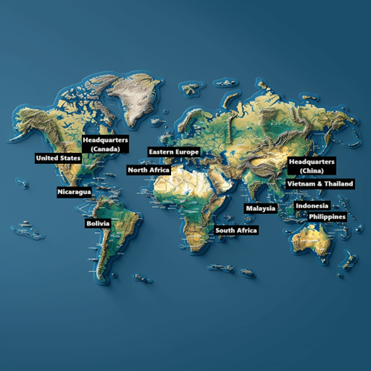 A realistic depiction of a flat map of the world in satellite style, overlaid with the names of the majority of key regions whereby Callnovo Contact Center's operations centers are located, demonstrating Callnovo's globally-based offshore customer support solutions which enhance global insurance services, leading to quality customer engagement that fosters long-term travel insurance firm success.