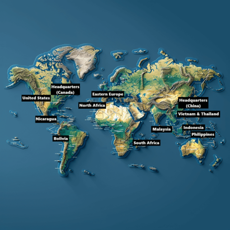 A realistic depiction of a flat map of the world in satellite style, overlaid with the names of the majority of key regions whereby Callnovo's operations centers are located, demonstrating Callnovo's globally-based, native multilingual support solutions which enhance global customer experience, leading to long-term brand loyalty that secures long-term business success.