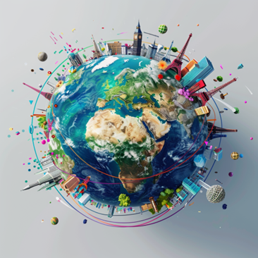 A photorealistic globe of the Earth surrounded on all sides by a diverse array of photorealistic cultural symbols, such as the Eiffel Tower, the Great Wall of China, the Statue of Liberty, the Big Ben, Notre Dame, and others, connected together by a network of colorful lines, representing Callnovo Contact Center’s global reach through its multilingual call center solutions and the seamless connection between cultures through customer service, enhancing visa application customer experience.