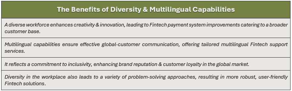 Benefits of Diversity & Multilingual Capabilities: (1) a diverse workforce enhances creativity & innovation, leading to Fintech payment system improvements catering to a broader customer base, (2) multilingual capabilities ensure effective global-customer communication, offering tailored multilingual Fintech support services, (3) it reflects a commitment to inclusivity, enhancing brand reputation & customer loyalty in the global market, and (4) diversity in the workplace also leads to a variety of problem-solving approaches, resulting in more robust, user-friendly Fintech solutions.