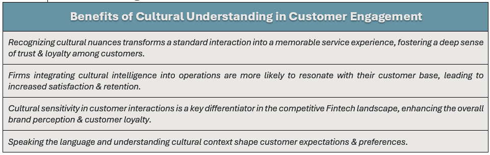 Benefits of Cultural Understanding in Customer Engagement: (1) recognizing cultural nuances transforms a standard interaction into a memorable service experience, fostering a deep sense of trust & loyalty among customers, (2) firms integrating cultural intelligence into operations are more likely to resonate with their customer base, leading to increased satisfaction & retention, (3) cultural sensitivity in customer interactions is a key differentiator in the competitive Fintech landscape, enhancing the overall brand perception & customer loyalty, and (4) speaking the language and understanding cultural context shape customer expectations & preferences.