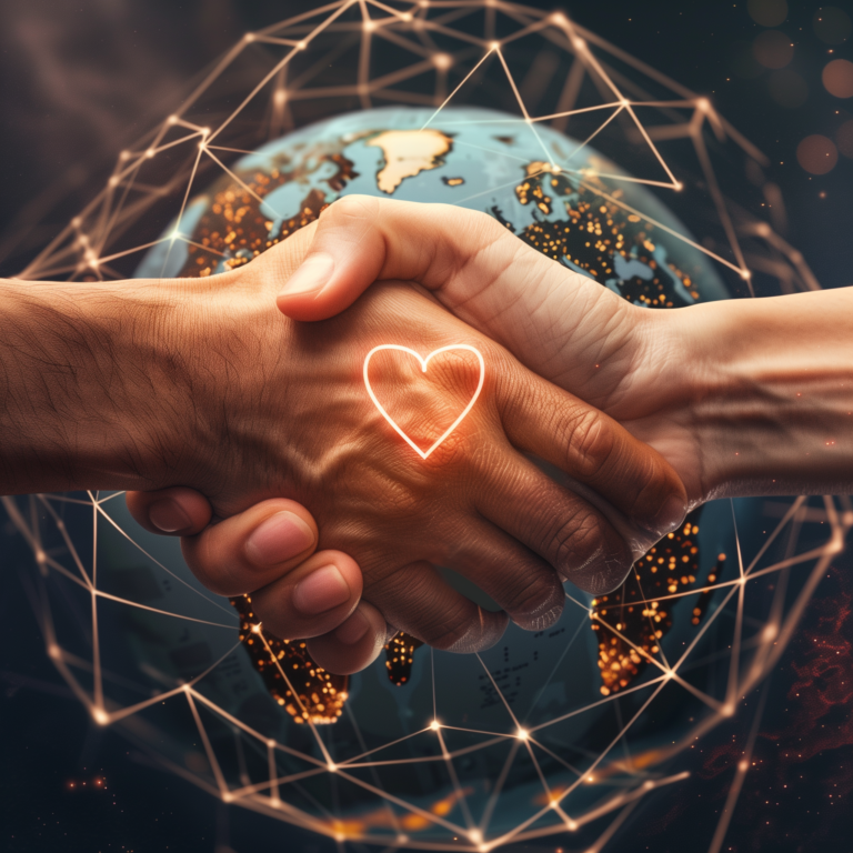 A creative depiction of two hands reaching out to each other from different sides of the globe, clasping in handshake that forms a heart in the middle, conveying the idea of building strong, heartfelt connections through quality multilingual support, regardless of geographical and linguistic barriers.