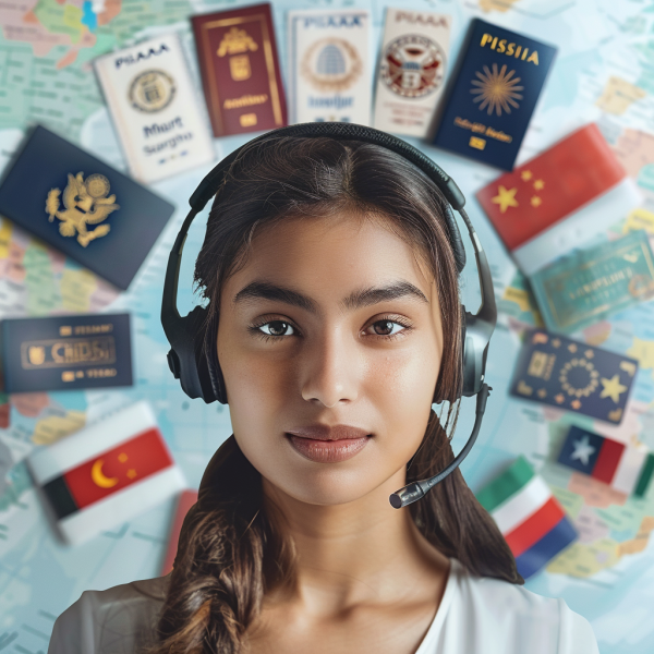 An image of a customer service representative wearing a headset, surrounded by visa application service related icons - such as visas, work permits, and passports, visually-conveying the high-quality multilingual support provided by visa service providers, highlighting the adaptability and responsiveness of the visa services offered.