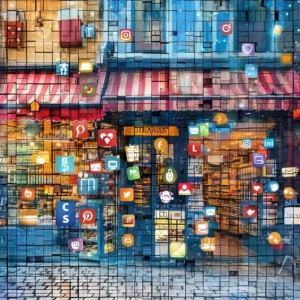 A mosaic made up of digital social media icons forming a larger vivid image of a thriving e-commerce storefront; this illustrates the integral role of social media CX in the e-commerce ecosystem and its impact on brand loyalty & brand reputation.