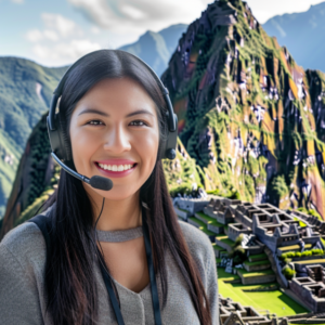 A smiling Honduran female customer service representative is set on a backdrop of Machu Picchu; the customer service rep. highlights the global nature of tourism and the grand importance of tourism customer service in ensuring customer experience tourism that builds long-term brand value, leading to long-term growth and success in the tourism industry.