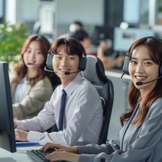 Callnovo Contact Center is demonstrated, with smiling Korean customer service representatives sitting in front of their computers, demonstrating how Callnovo provides superb Korean customer service solutions for mobile commerce Korea that highly-resonate with Korean ecommerce consumers, building unlatched customer experience Korea.