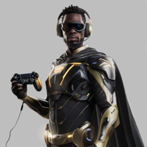A superhero character with a cape, wearing a headset, holding a Playstation 5 game controller, is being demonstrated, embodying Callnovo Contact Center’s indie gaming support prowess and how Callnovo's outsource game service gaming CX solutions are enhancing player experience through outsourcing.