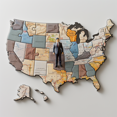 A horizontal view of a puzzle of the United States, with a male immigrant confidently-standing on top of one raised puzzle piece, represents how strategic outsourced immigration services via outsourced virtual assistance enables law firms to meet the complex challenges of legal processing.