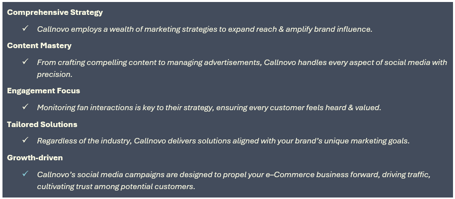 (1) Comprehensive Strategy: Callnovo employs a wealth of marketing strategies to expand reach & amplify brand influence, (2) Content Mastery: From crafting compelling content to managing advertisements, Callnovo handles every aspect of social media with precision, (3) Engagement Focus: Monitoring fan interactions is key to their strategy, ensuring every customer feels heard & valued, (4) Tailored Solutions: Regardless of the industry, Callnovo delivers solutions aligned with your brand’s unique marketing goals, and (5) Growth-driven: Callnovo’s social media campaigns are designed to propel your e–Commerce business forward, driving traffic, cultivating trust among potential customers.
