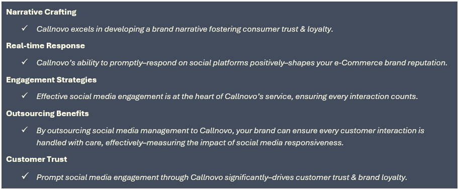 (1) Narrative Crafting: Callnovo excels in developing a brand narrative fostering consumer trust & loyalty, (2) Real-time Response: Callnovo’s ability to promptly–respond on social platforms positively–shapes your e-Commerce brand reputation, (3) Engagement Strategies: Effective social media engagement is at the heart of Callnovo’s service, ensuring every interaction counts, (4) Outsourcing Benefits: By outsourcing social media management to Callnovo, your brand can ensure every customer interaction is handled with care, effectively–measuring the impact of social media responsiveness, and (5) Customer Trust: Prompt social media engagement through Callnovo significantly–drives customer trust & brand loyalty.