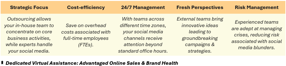 Dedicated Virtual Assistance: Advantaged Online Sales & Brand Health - (1) Strategic Focus: Outsourcing allows your in-house team to concentrate on core business activities, while experts handle your social media, (2) Cost-efficiency: Save on overhead costs associated with full-time employees (FTEs), (3) 24/7 Management: With teams across different time zones, your social media channels receive attention beyond standard office hours, (4) Fresh Perspectives: External teams bring innovative ideas leading to groundbreaking campaigns & strategies, and (5) Risk Management: Experienced teams are adept at managing crises, reducing risk associated with social media blunders.