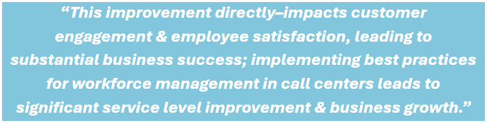 This improvement directly–impacts customer engagement & employee satisfaction, leading to substantial business success; implementing best practices for workforce management in call centers leads to significant service level improvement & business growth.