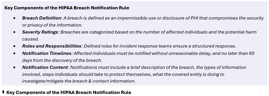 Key Components of the HIPAA Breach Notification Rule - (1) Breach Definition: A breach is defined as an impermissible use or disclosure of PHI that compromises the security or privacy of the information, (2) Severity Ratings: Breaches are categorized based on the number of affected individuals and the potential harm caused, (3) Roles and Responsibilities: Defined roles for incident response teams ensure a structured response, (4) Notification Timelines: Affected individuals must be notified without unreasonable delay, and no later than 60 days from the discovery of the breach, (5) Notification Content: Notifications must include a brief description of the breach, the types of information involved, steps individuals should take to protect themselves, what the covered entity is doing to investigate/mitigate the breach & contact information.
