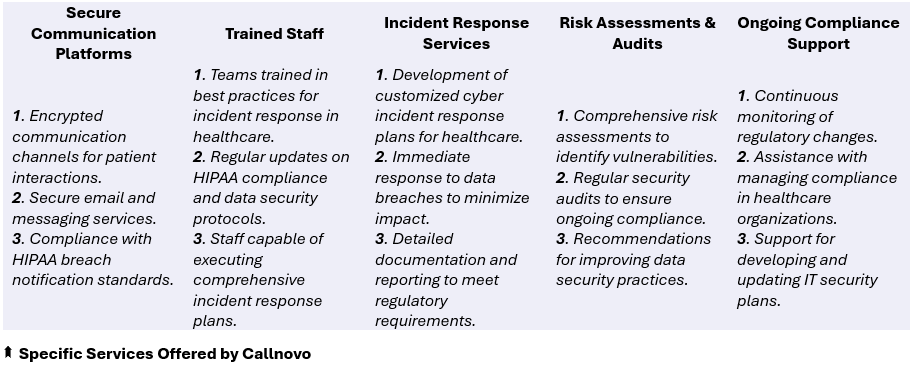 Secure Communication Platforms - 
1. Encrypted communication channels for patient interactions.
2. Secure email and messaging services.
3. Compliance with HIPAA breach notification standards; Trained Staff - 
1. Teams trained in best practices for incident response in healthcare.
2. Regular updates on HIPAA compliance and data security protocols.
3. Staff capable of executing comprehensive incident response plans; Incident Response Services - 
1. Development of customized cyber incident response plans for healthcare.
2. Immediate response to data breaches to minimize impact.
3. Detailed documentation and reporting to meet regulatory requirements; Risk Assessments & Audits - 
1. Comprehensive risk assessments to identify vulnerabilities.
2. Regular security audits to ensure ongoing compliance.
3. Recommendations for improving data security practices; Ongoing Compliance Support
1. Continuous monitoring of regulatory changes.
2. Assistance with managing compliance in healthcare organizations.
3. Support for developing and updating IT security plans.