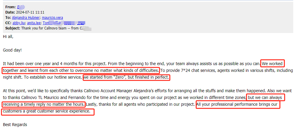 客户发邮件向Callnovo运营团队表示感谢