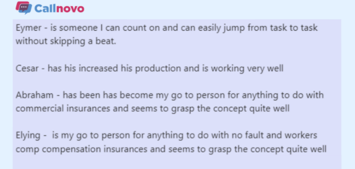 Client feedback on Callnovo English support team members, emphasizing Eymer’s multitasking skills, Cesar’s improved productivity, and Abraham and Elying’s insurance expertise.