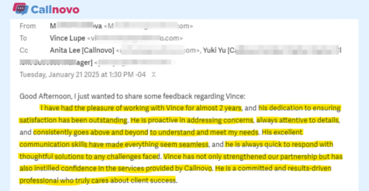 Client review praising Callnovo English support team, highlighting Vince’s dedication, seamless communication, and proactive problem-solving in healthcare billing services.